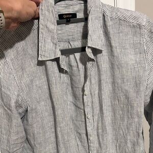 Quince Woman’s Casual Striped Button Down Shirt - navy and White